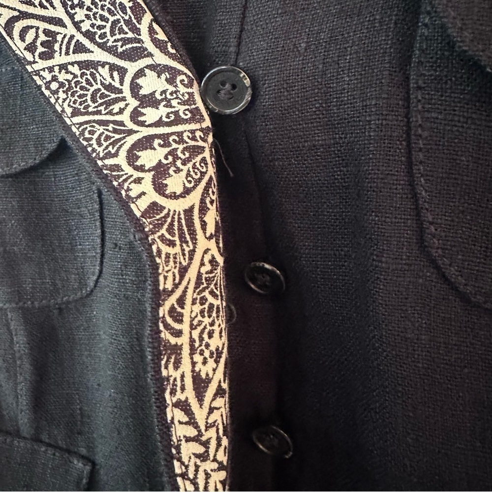 Etro Black Linen Blend Cropped Blazer with Paisley Trim - Picture 3 of 10